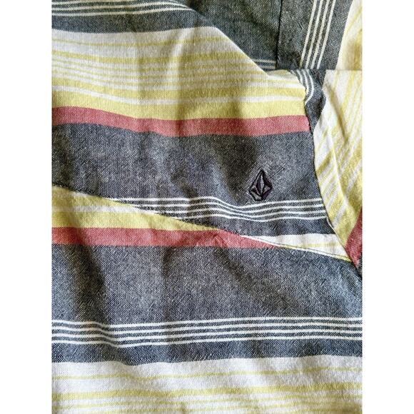 Volcom Shirt Adult L Yellow Gray Red Striped Cotton Rayon Blend Button - Picture 3 of 8